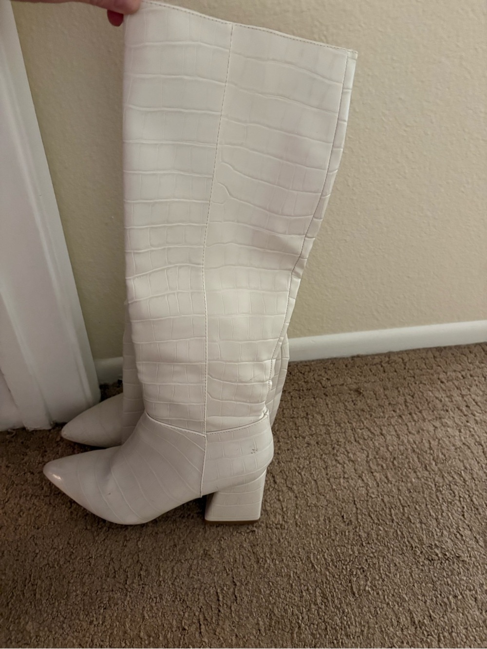 White Croc-Embossed Knee Boots - Women